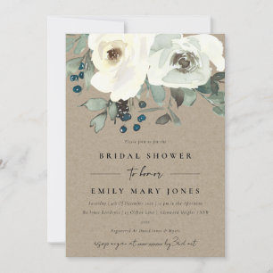 KRAFT IVORY WHITE FLORAL WATERCOLOR  BRIDAL SHOWER INVITATION