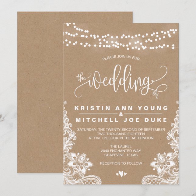 Kraft Lace and Lights Rustic Wedding Invitation (Front/Back)
