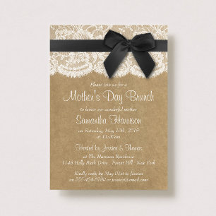 Kraft, Lace & Black Bow Mother's Day Brunch Invitation