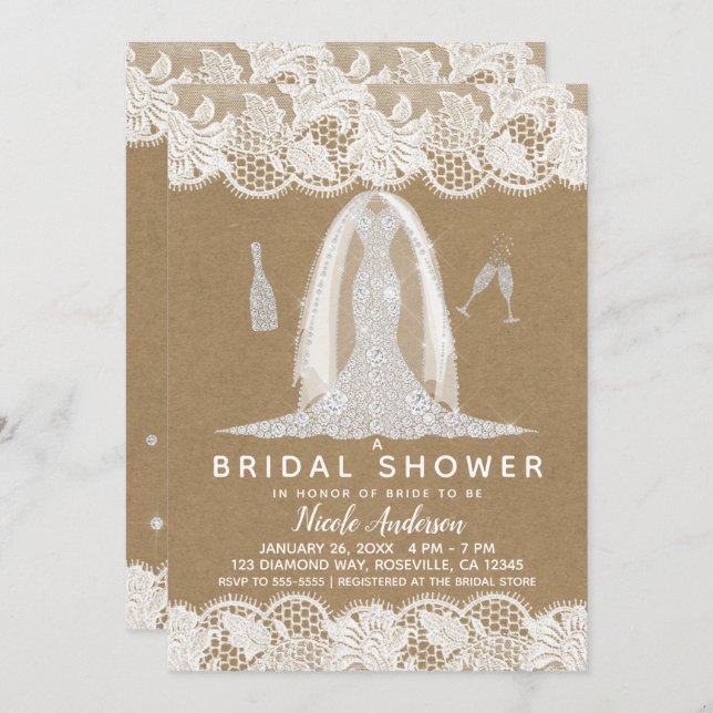 Kraft & Lace Diamond Wedding Dress Bridal Shower Invitation (Front/Back)