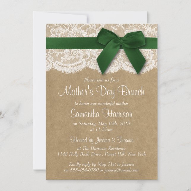 Kraft, Lace & Green Bow Mother's Day Brunch Invitation (Front)
