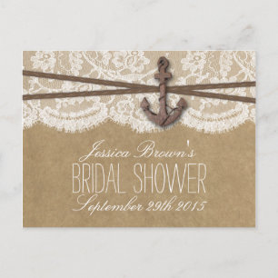 Kraft, Lace & Nautical Anchor Bridal Shower Recipe Invitation Postcard