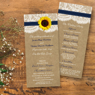 Kraft, Lace & Navy Blue Sunflower Wedding Programs Rack Card