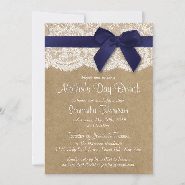 Kraft, Lace & Navy Bow Mother's Day Brunch Invitation (Front)
