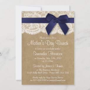 Kraft, Lace & Navy Bow Mother's Day Brunch Invitation