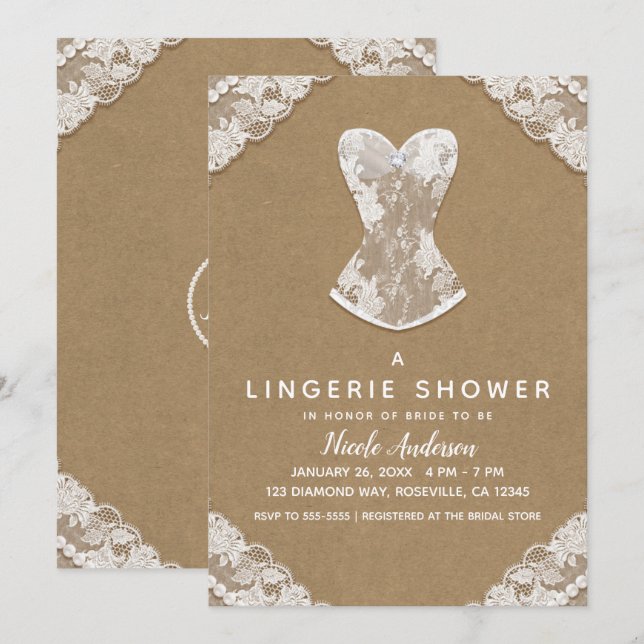 Kraft Lace & Pearls Wedding Lingerie Bridal Shower Invitation (Front/Back)