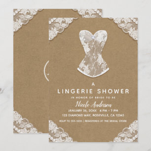 Kraft Lace & Pearls Wedding Lingerie Bridal Shower Invitation