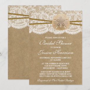 Kraft, Lace & Sand Dollar Beach Bridal Shower Invitation