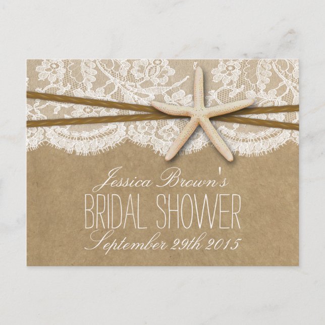 Kraft, Lace & Starfish Beach Bridal Shower Recipe Invitation Postcard (Front)