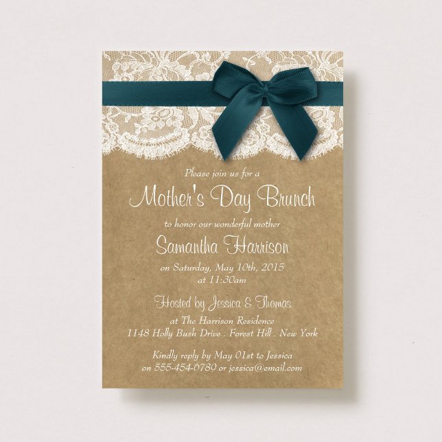 Kraft, Lace & Teal Bow Mother's Day Brunch Invitation (Creator Uploaded)