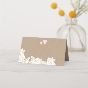 Kraft Lace with Pink Hearts Wedding Place Card
