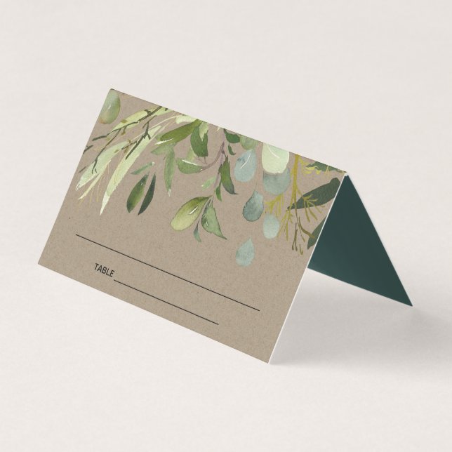 KRAFT LEAFY GREEN GOLD FOLIAGE WEDDING PLACE CARD (Front)