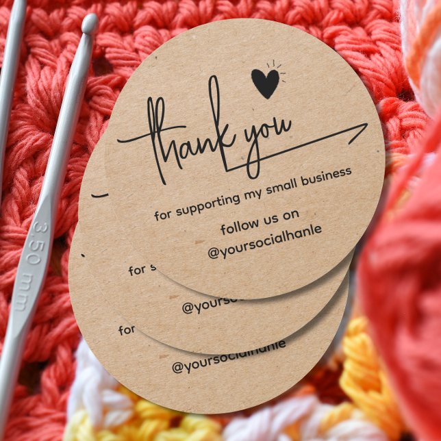kraft Minimalist Custom heart thank you Business Classic Round Sticker (Creator Uploaded)
