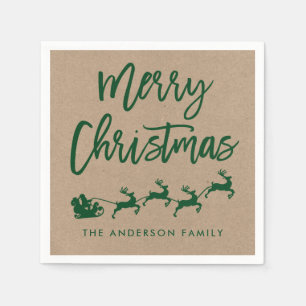 Kraft Modern Brush Script Santa Christmas Green Napkin
