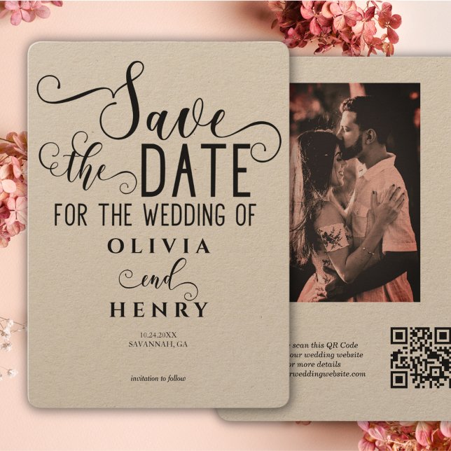 Kraft Modern Calligraphy Script Photo QR Code  Save The Date (Creator Uploaded)