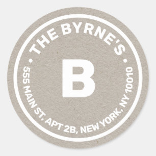 Kraft Monogram Address Classic Round Sticker