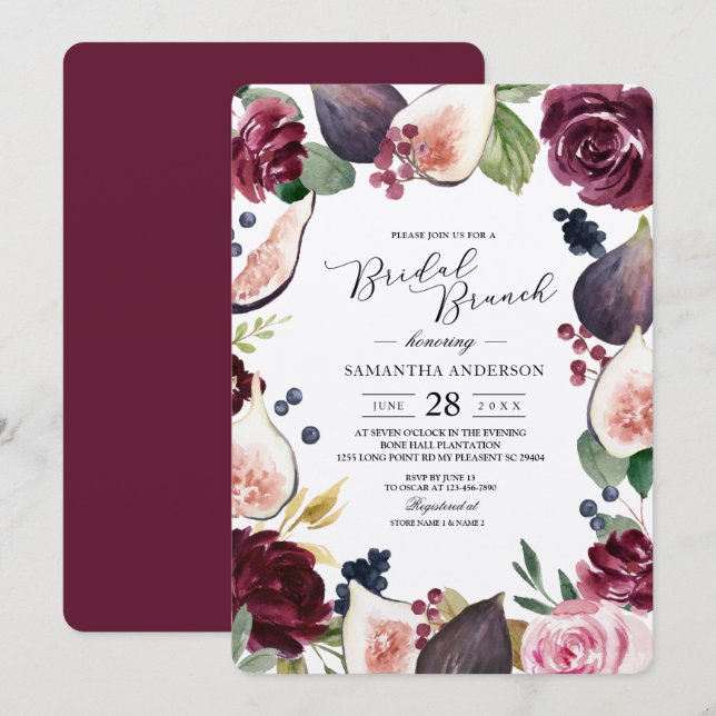 Kraft Moody & Rustic Burgundy Figs & Flowers Frame Invitation (Front/Back)