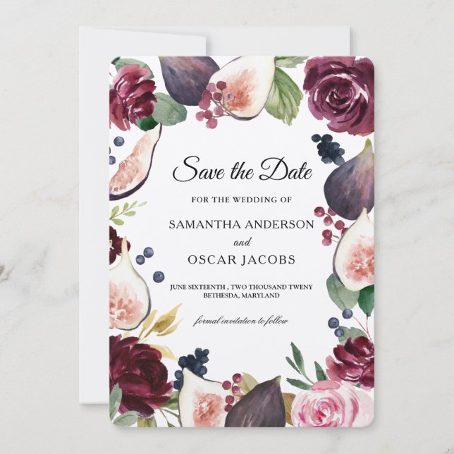 Kraft Moody & Rustic Burgundy Figs & Flowers Frame Save The Date (Front)