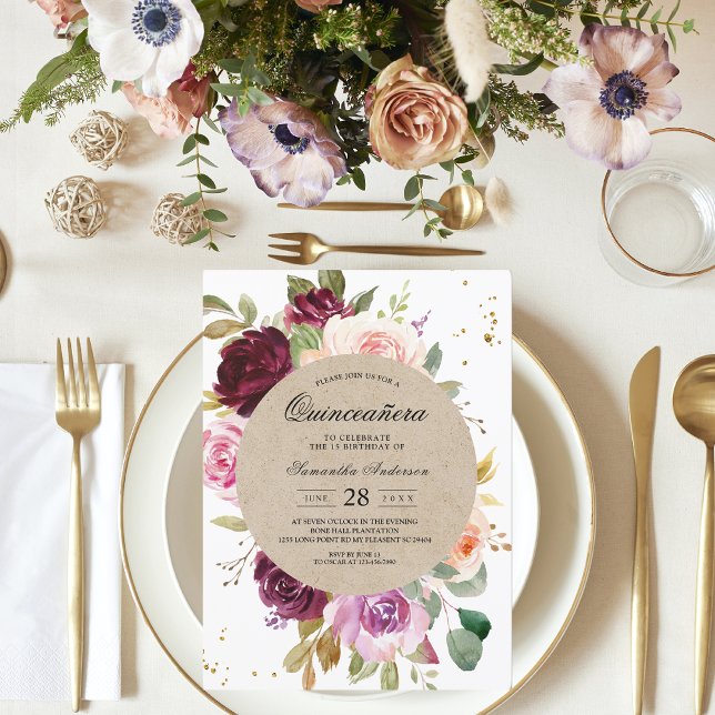 Kraft Moody & Rustic Burgundy Floral Frame & Gold  Invitation (Creator Uploaded)