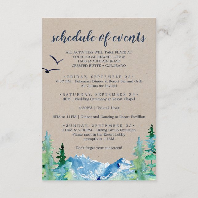 Kraft Mountain Wedding Weekend Schedule of Events Enclosure Card (Front)