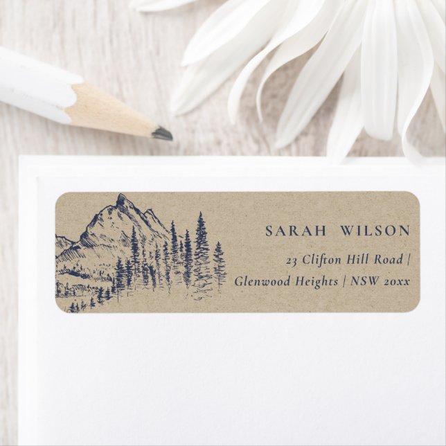 Kraft Navy Pine Wood Mountain Sketch Address Label (Insitu)