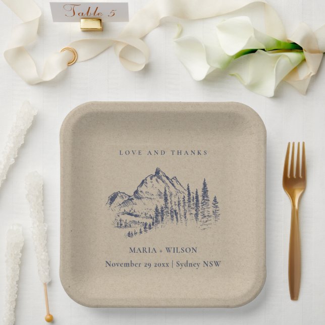 Kraft Navy Pine Woods Mountain Sketch Wedding Paper Plate (Wedding)