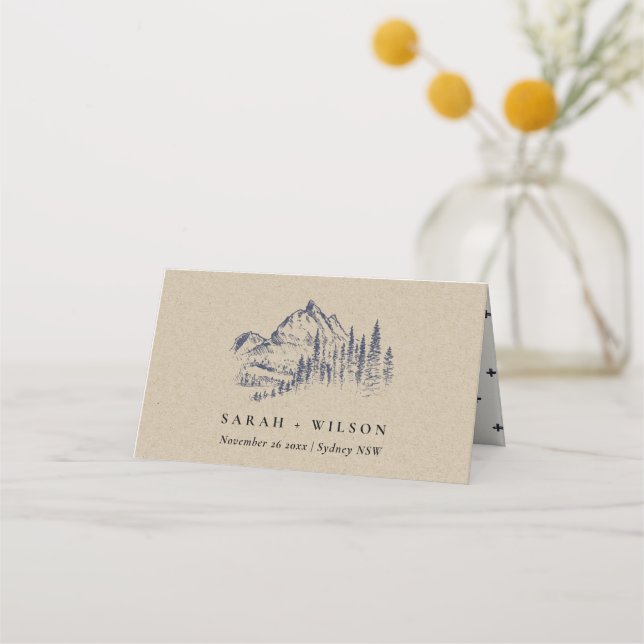 Kraft Navy Pine Woods Mountain Sketch Wedding Place Card (Front)