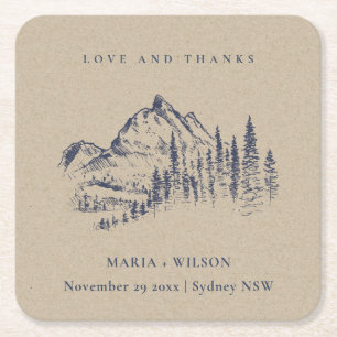 Kraft Navy Pine Woods Mountain Sketch Wedding Square Paper Coaster