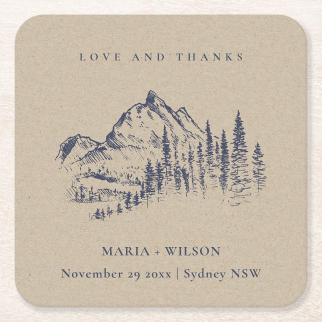 Kraft Navy Pine Woods Mountain Sketch Wedding Square Paper Coaster (Front)