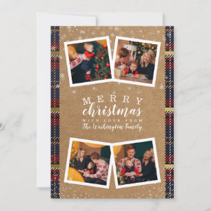 Kraft Paper 4 Photo Collage Merry Christmas Plaid Holiday Card
