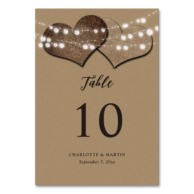 Kraft Paper Burlap Hearts Rustic Country Wedding Table Number (Front)