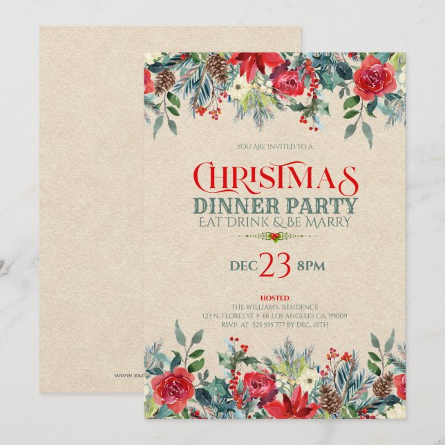 Kraft paper & Christmas flowers border Invitation (Front/Back)