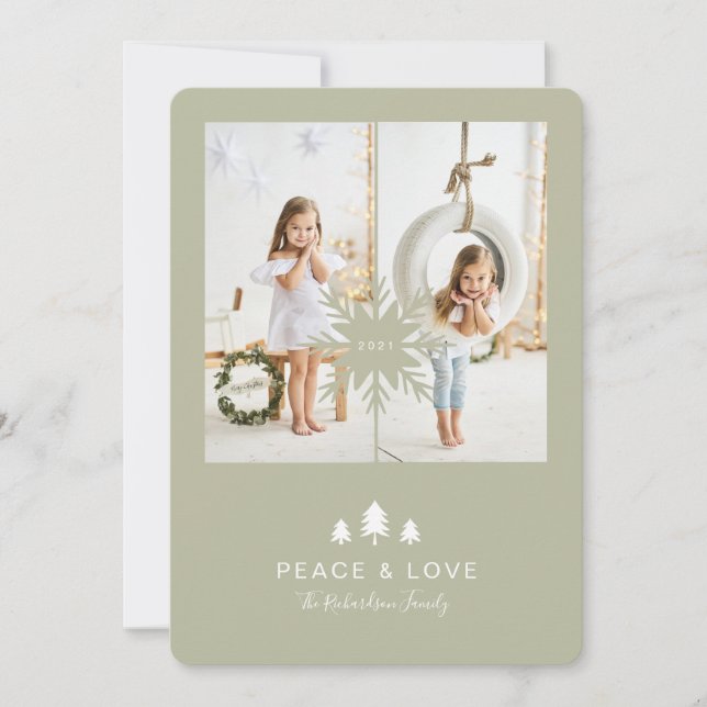 Kraft Paper Christmas Tree & Snowflake 2 Photo Holiday Card (Front)