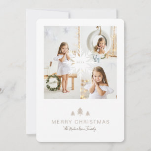 Kraft Paper Christmas Tree & Snowflake 3 Photo Holiday Card