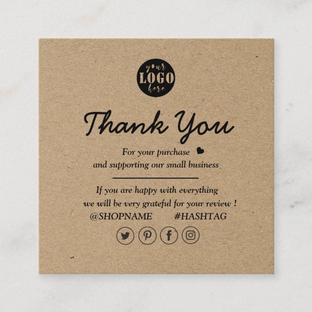 Kraft Paper Custom Logo Thank You For Business  Square Business Card (Front)