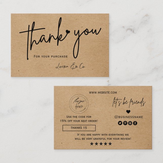Kraft paper custom logo thank you heart business card (Front/Back)