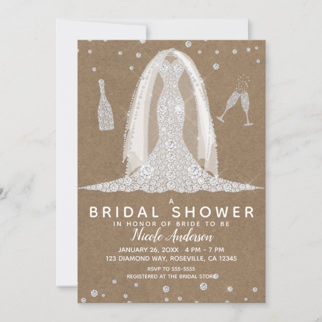 Kraft Paper Diamond Wedding Dress Bridal Shower Invitation (Front)