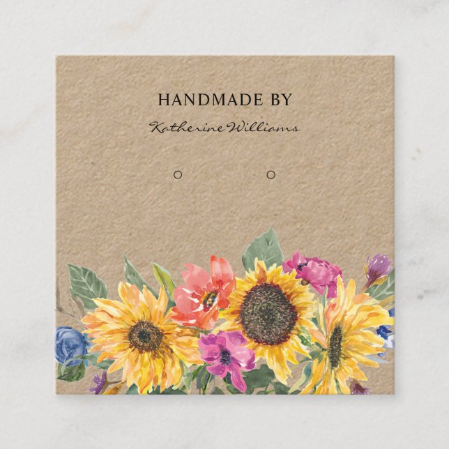 Kraft Paper Earring Display  | Sunflower Floral Square Business Card (Front)