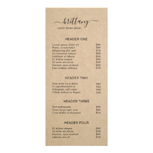 Kraft Paper Elegant Script Name Rustic Price List Rack Card
