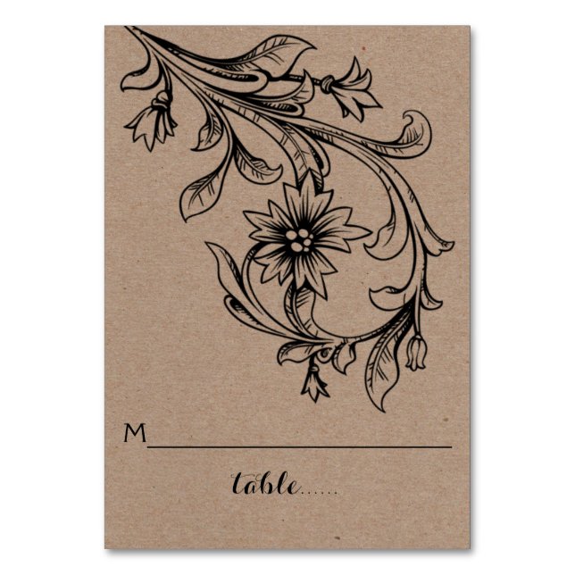 Kraft paper flourish wedding folded escort card (Front)