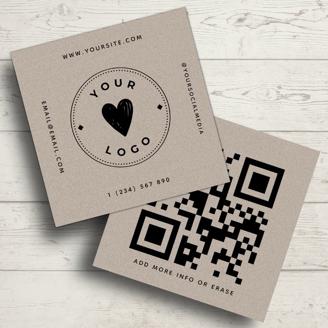 Kraft Paper Geometric QR Code & Logo Earthy Unique Square Business Card (Creator Uploaded)