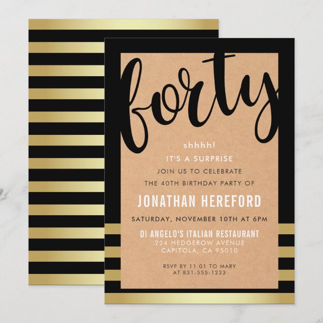Kraft Paper & Gold Surprise 40th Birthday Party Invitation (Front/Back)
