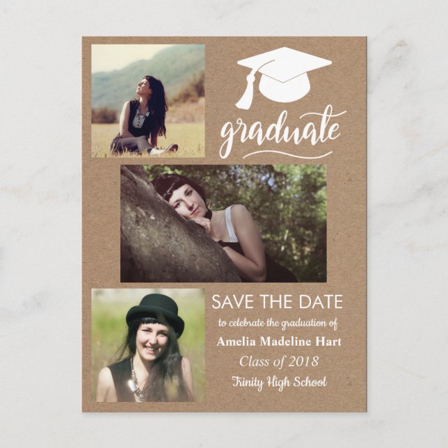 Kraft Paper Graduate | Save The Date Three Photo Postcard (Front)