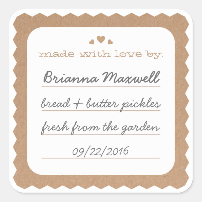 Kraft Paper Hearts Food Gift Label Square Sticker (Front)