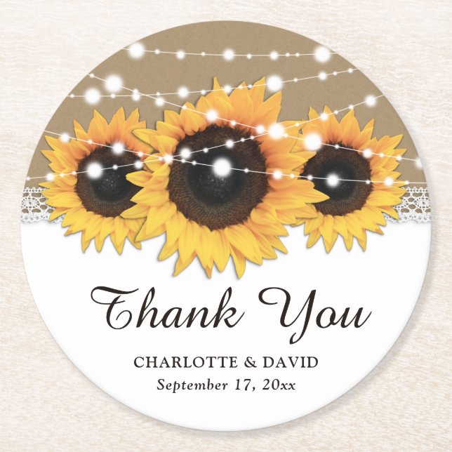 Kraft Paper Lace String Lights Sunflower Wedding Round Paper Coaster (Front)