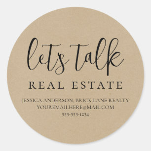 Kraft Paper Let's Talk Real Estate Contact Info  Classic Round Sticker