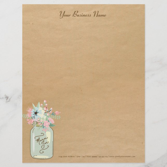 Kraft Paper Look Rustic Mason Jar Modern Floral Letterhead (Front)