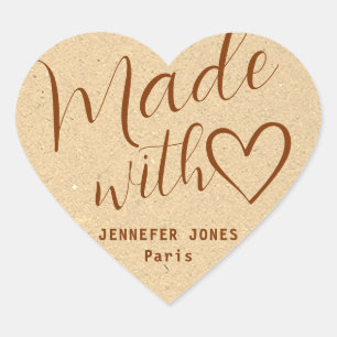 Kraft Paper Made with Love Heart Calligraphy Beige Heart Sticker