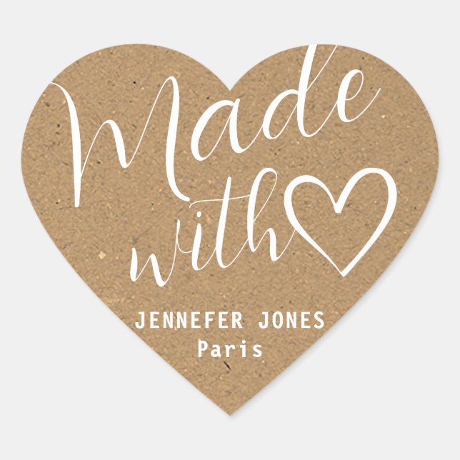 Kraft Paper Made with Love Heart Calligraphy Brown Heart Sticker (Front)