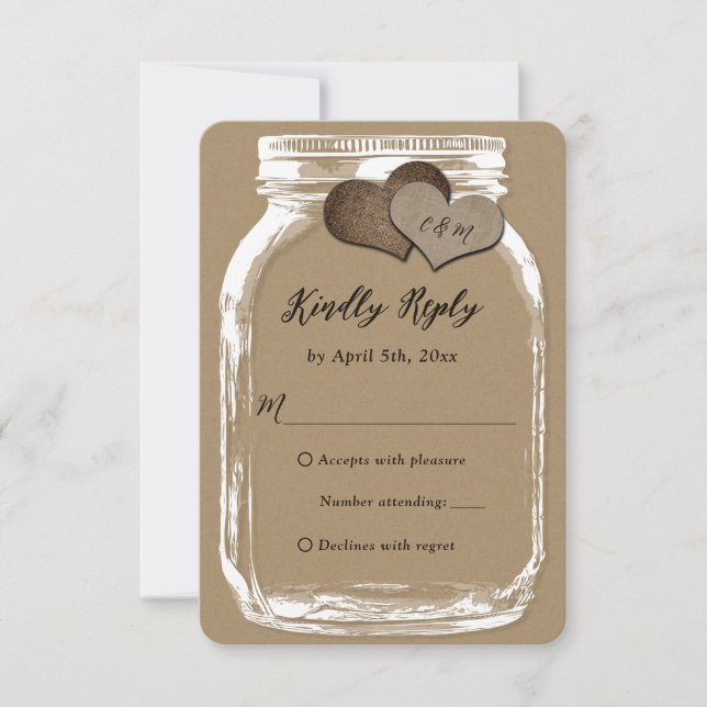 Kraft Paper Mason Jar Two Hearts Wedding RSVP (Front)